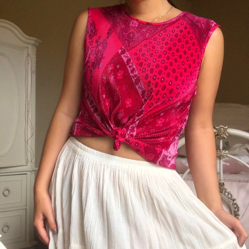 Vintage Pleated Raspberry Pattern Boho Top